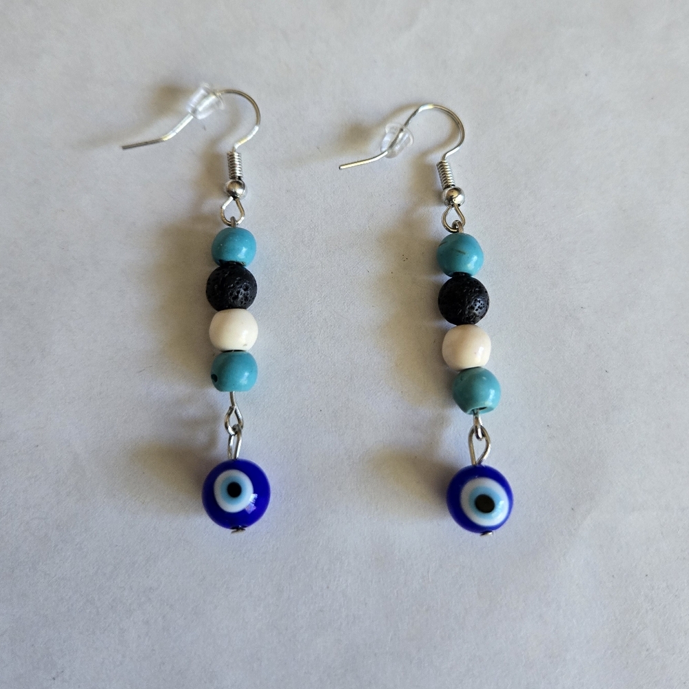 Blue and Black Beaded Dangle Earrings